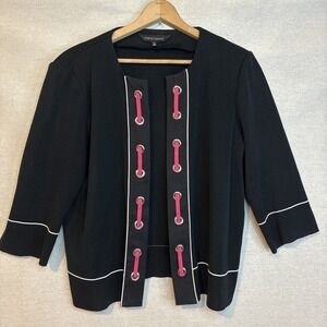 Ming Wang Womens Career Blazer‎ Jacket Black Pink Ribbon Large Artsy Office 80's